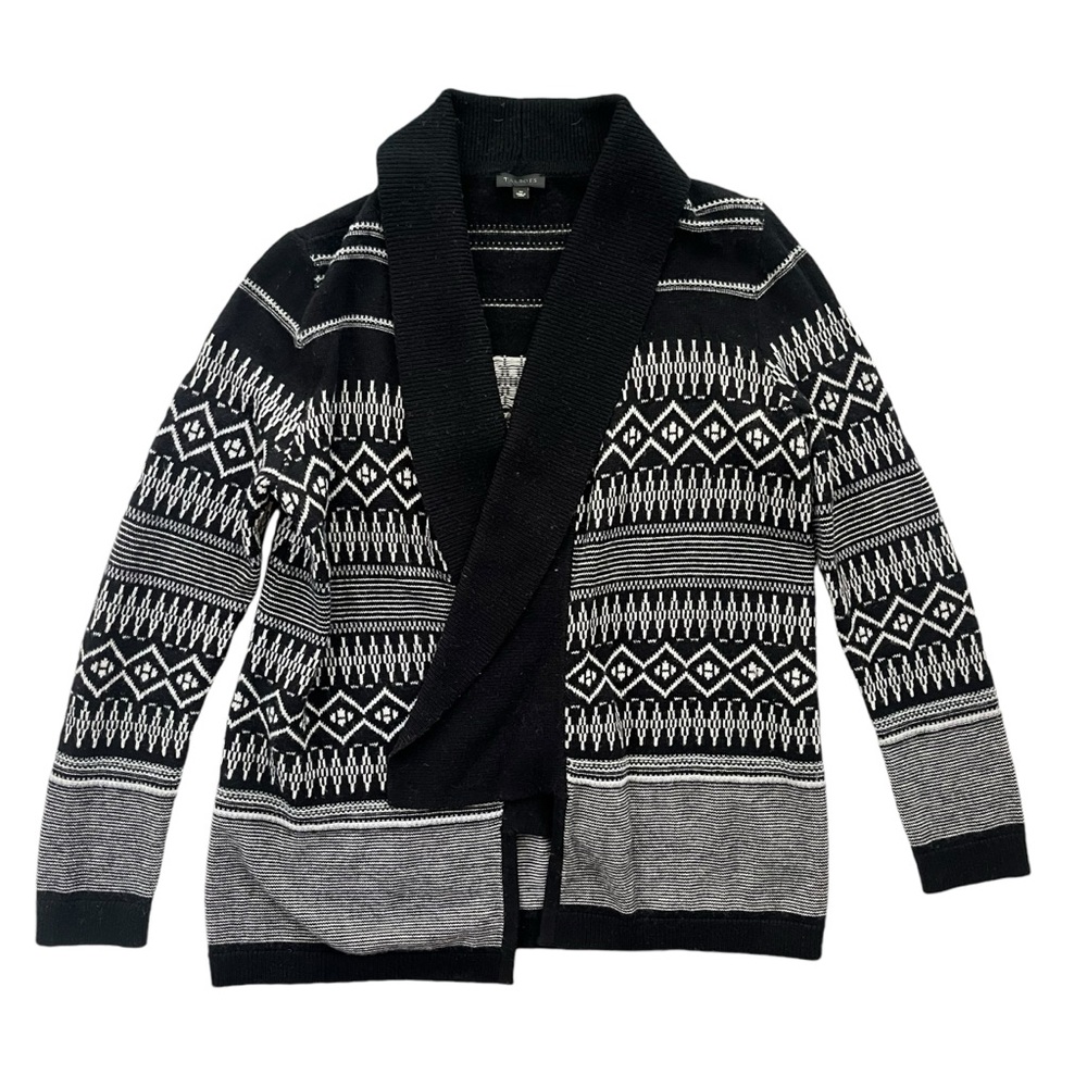 Talbots Women’s Med Black White Aztec Pattern Lambswool Blend Open Knit Cardigan